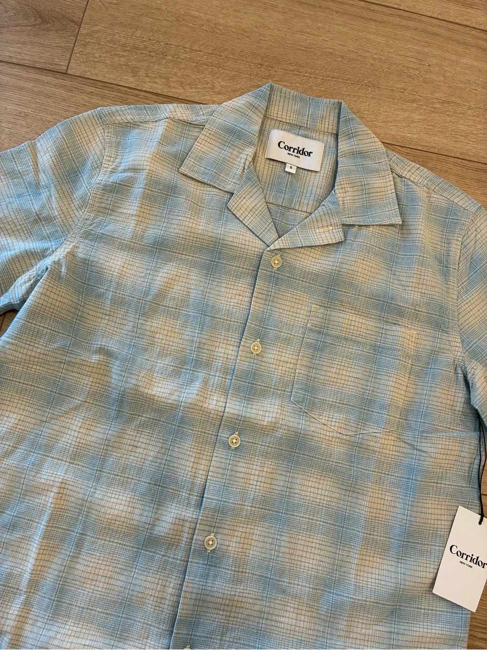 NWT Corridor Men’s Linen Blend Plaid Camp Shirt Light Blue Short Sleeve Size S
